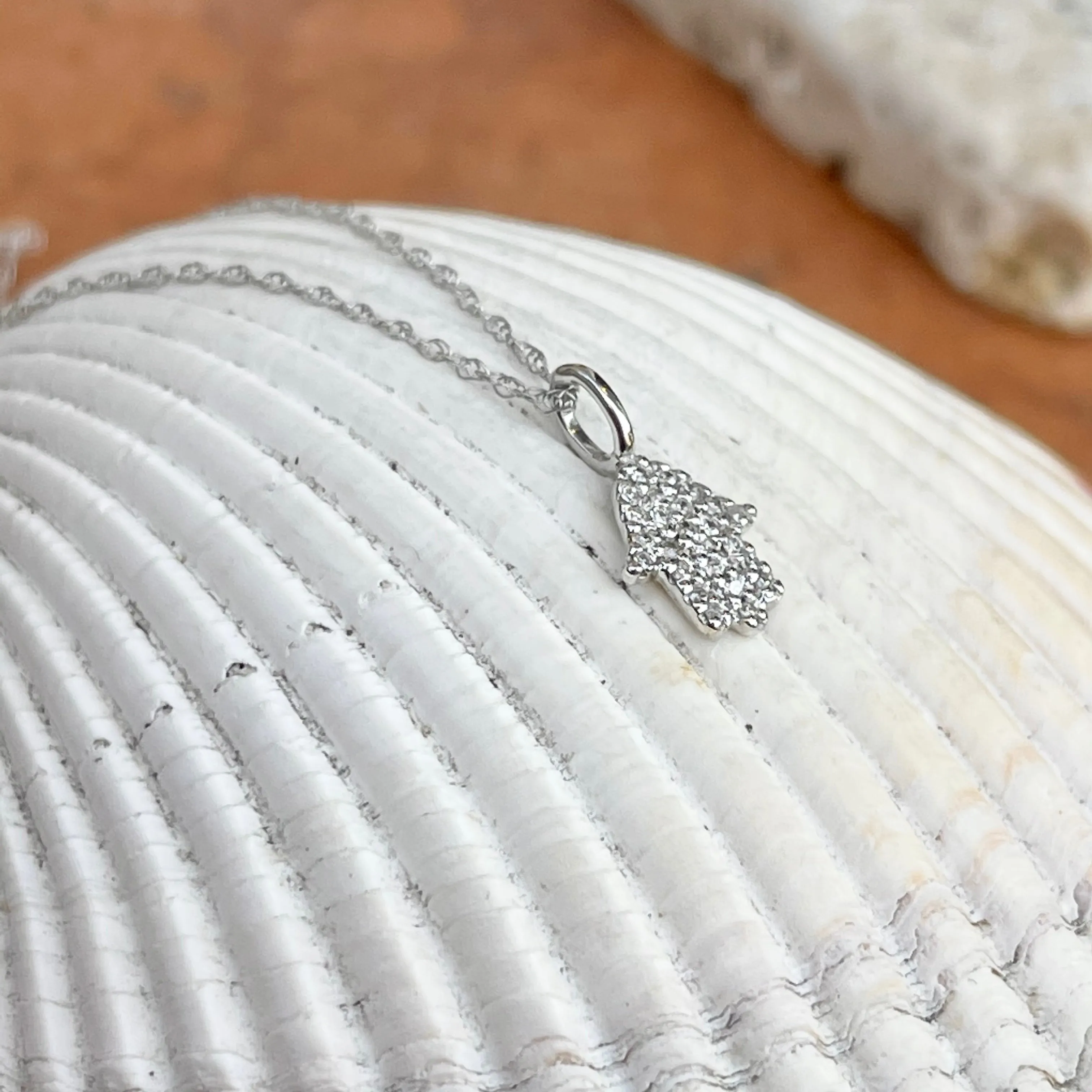 14KT White Gold Pave Diamond Hamsa Mini Pendant Necklace