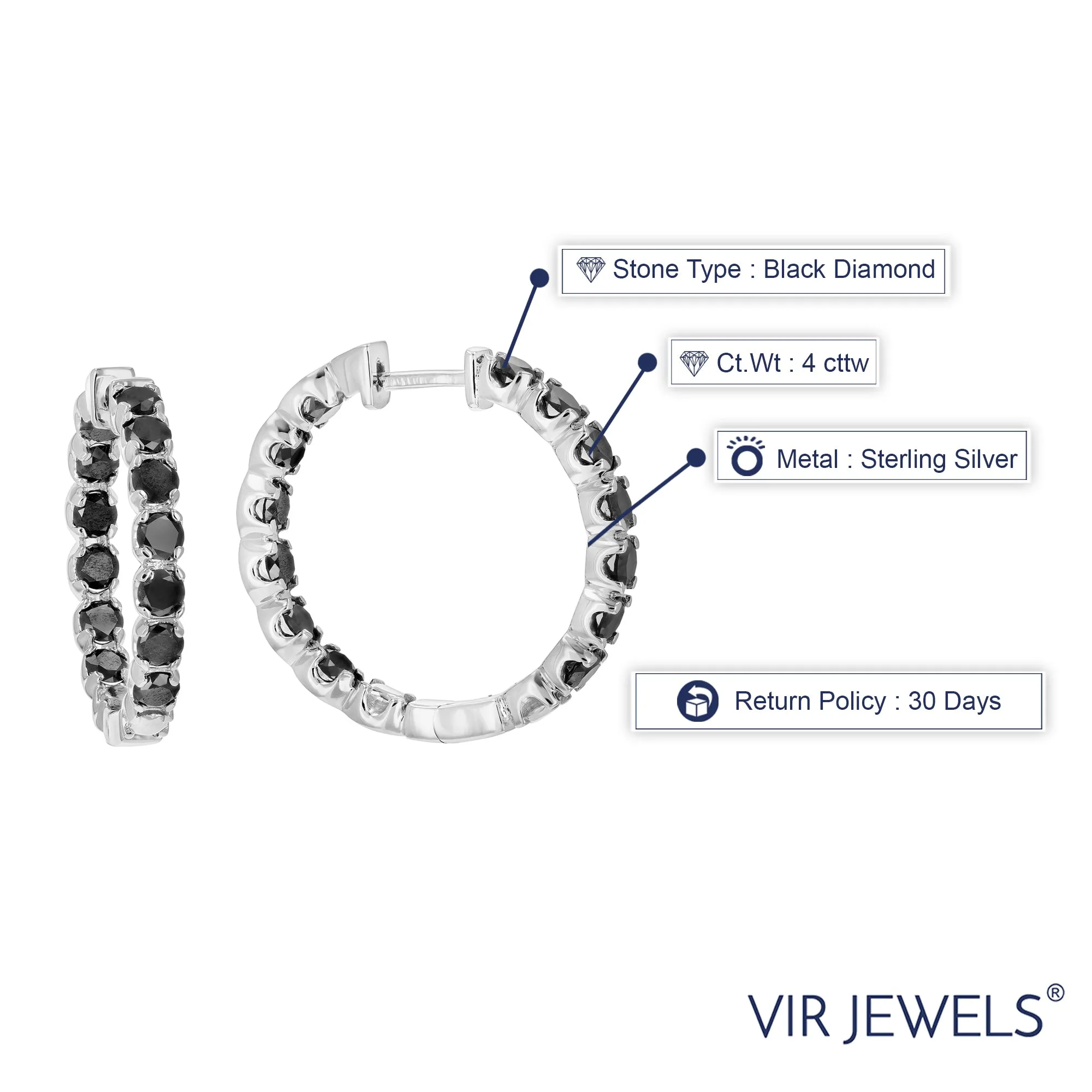 4 cttw Black Diamond Inside Out Hoop Earrings in Sterling Silver